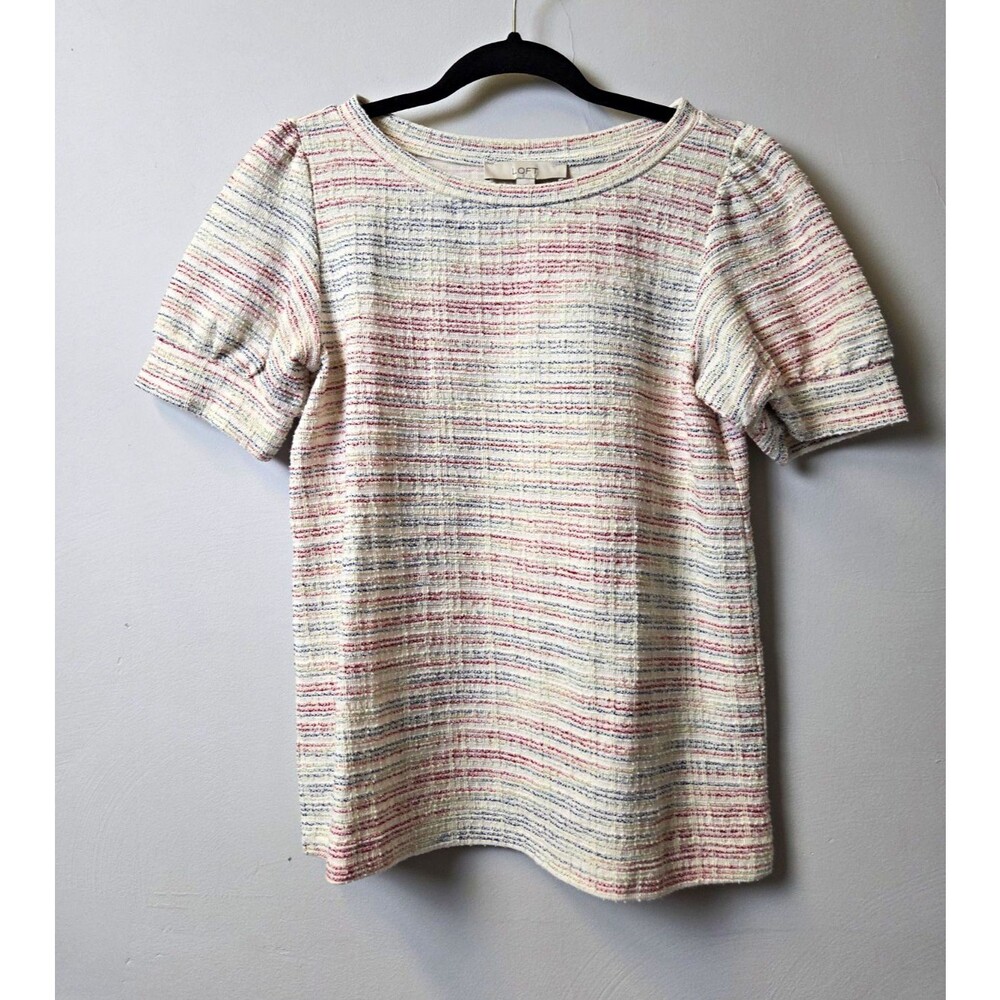 Loft Women's Ivory Multicolor Striped Knit Crew Neck Puff Sleeve Top XS